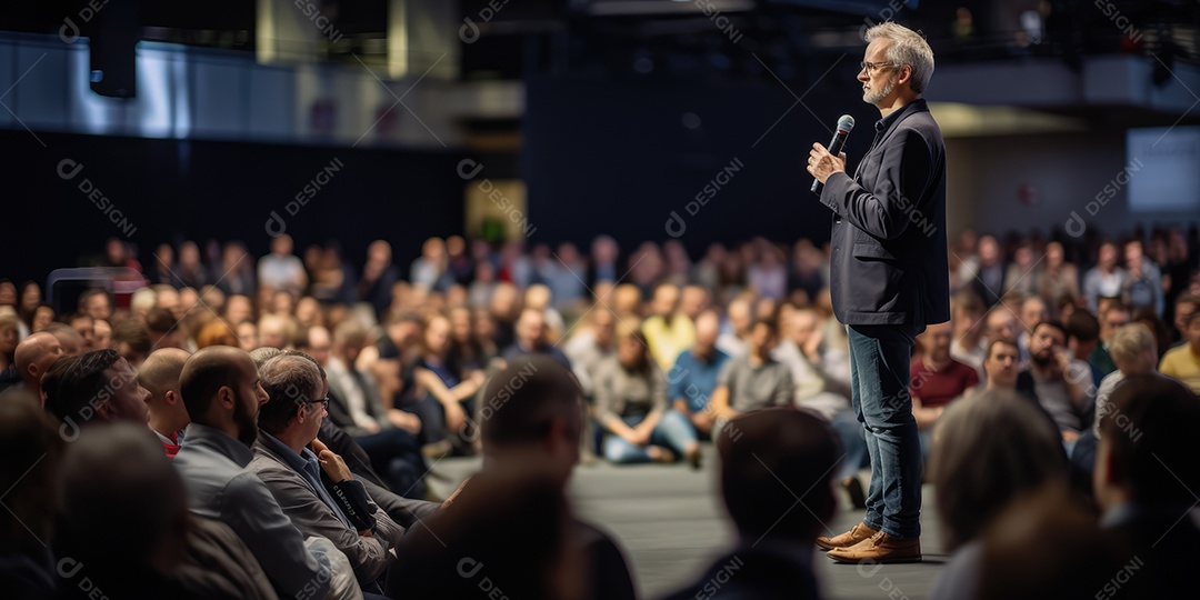 Palestrante se apresentando no palco com holofotes conversando com muitas pessoas na plateia