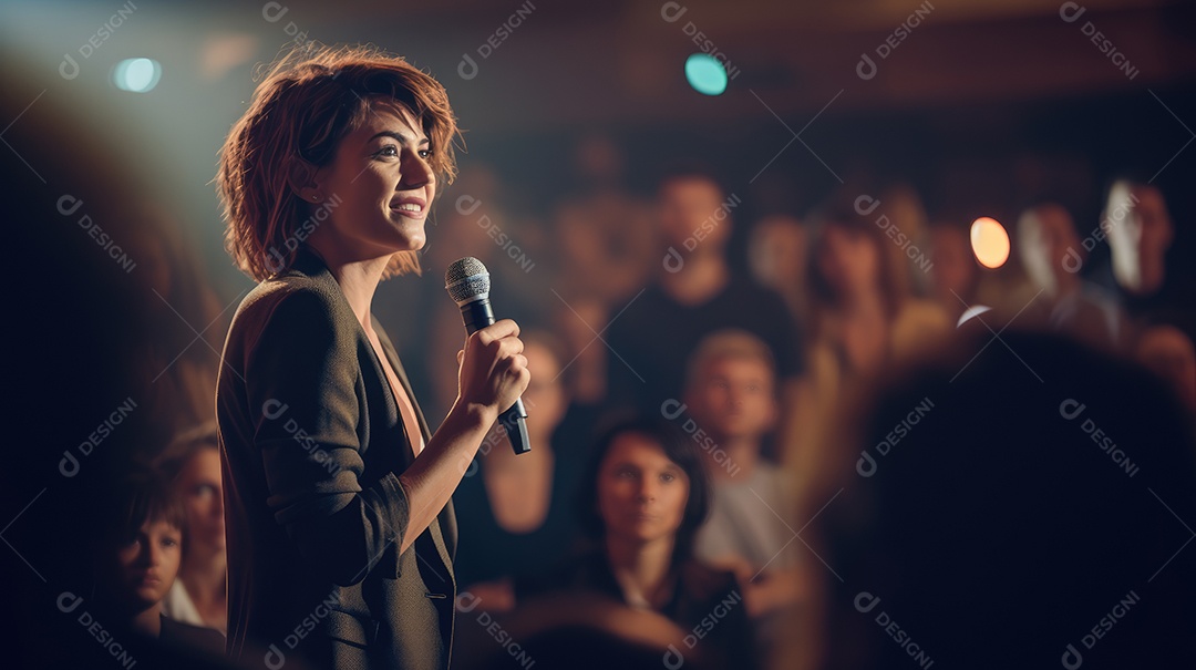 Palestrante se apresentando no palco com holofotes conversando com muitas pessoas na plateia