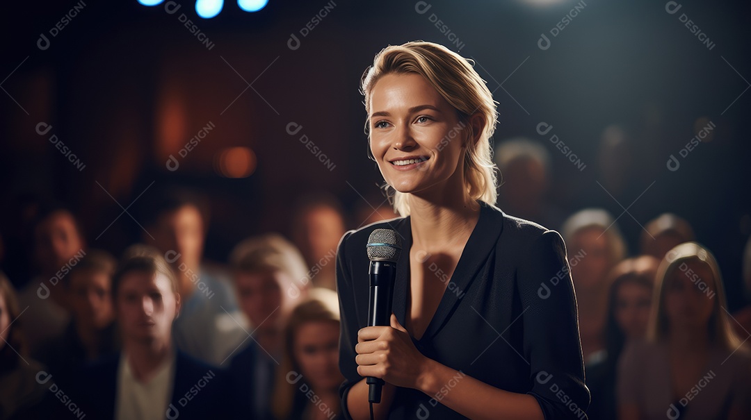 Palestrante se apresentando no palco com holofotes conversando com muitas pessoas na plateia