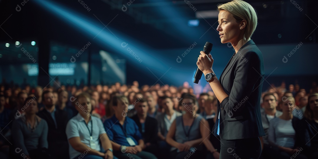 Palestrante se apresentando no palco com holofotes conversando com muitas pessoas na plateia