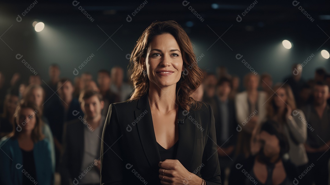 Palestrante se apresentando no palco com holofotes conversando com muitas pessoas na plateia