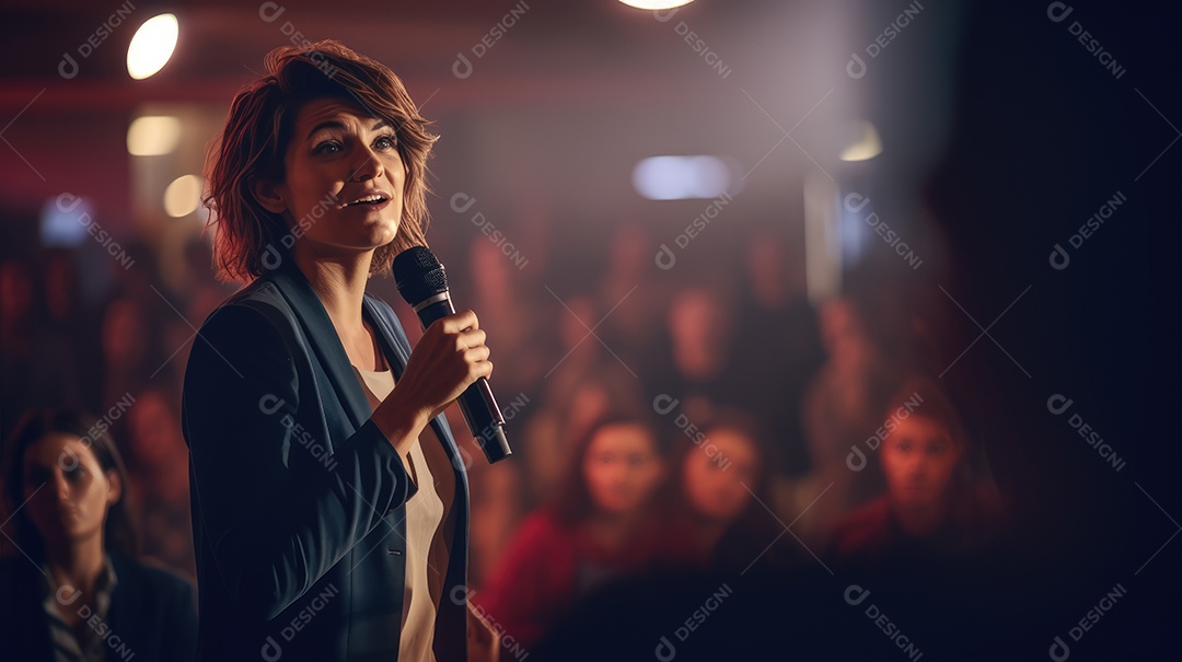 Palestrante se apresentando no palco com holofotes conversando com muitas pessoas na plateia