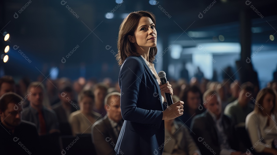 Palestrante se apresentando no palco com holofotes conversando com muitas pessoas na platéia