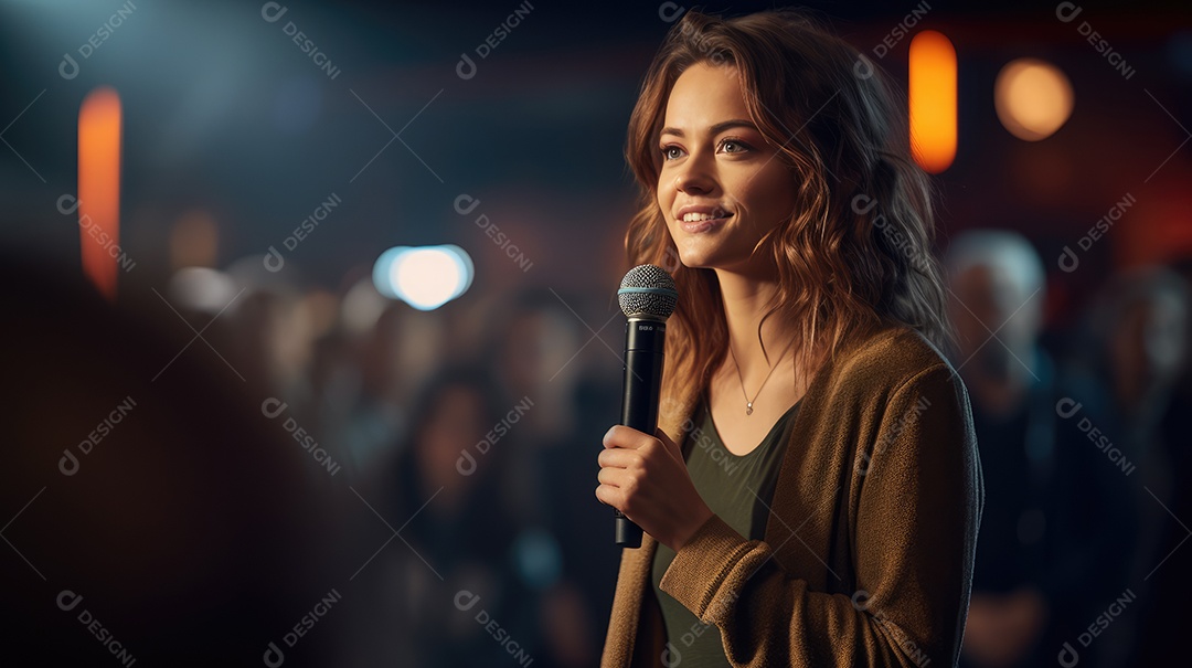 Palestrante se apresentando no palco com holofotes conversando com muitas pessoas na plateia