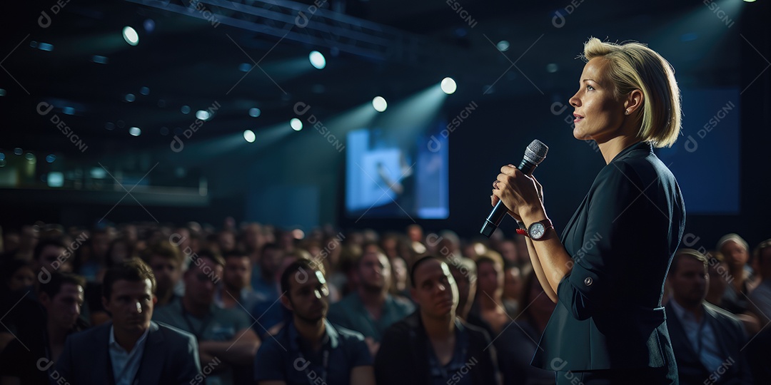 Palestrante se apresentando no palco com holofotes conversando com muitas pessoas na plateia