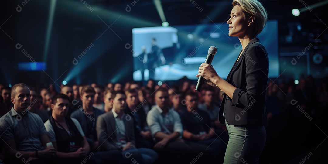 Palestrante se apresentando no palco com holofotes conversando com muitas pessoas na plateia