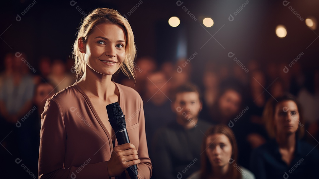 Palestrante se apresentando no palco com holofotes conversando com muitas pessoas na plateia