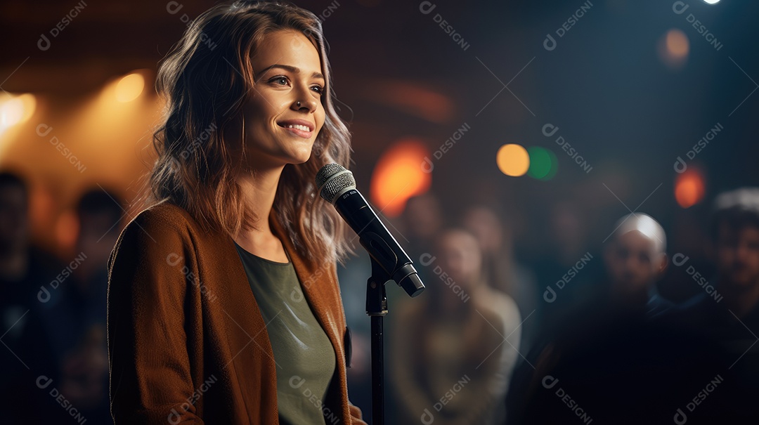 Palestrante se apresentando no palco com holofotes conversando com muitas pessoas na plateia