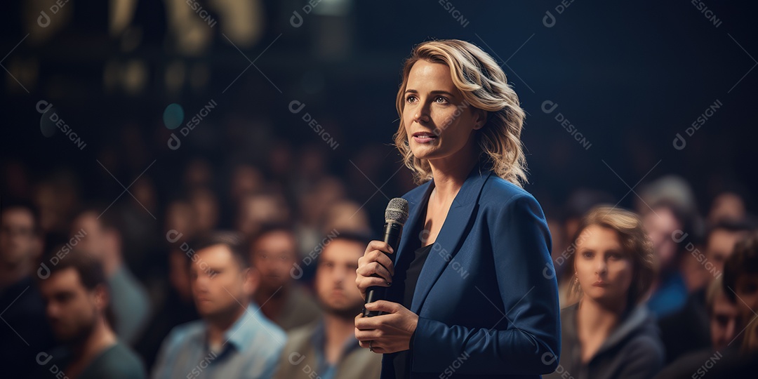 Palestrante se apresentando no palco com holofotes conversando com muitas pessoas na plateia
