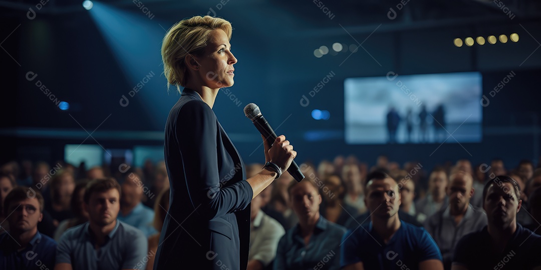 Palestrante se apresentando no palco com holofotes conversando com muitas pessoas na plateia