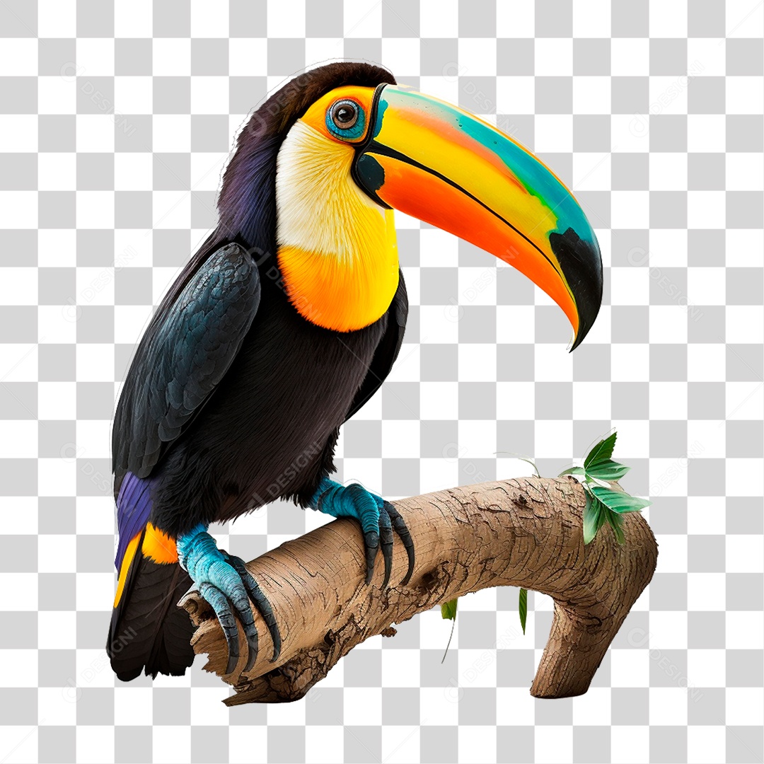 Tucano Colorido em Galho de Arvore PNG Transparente