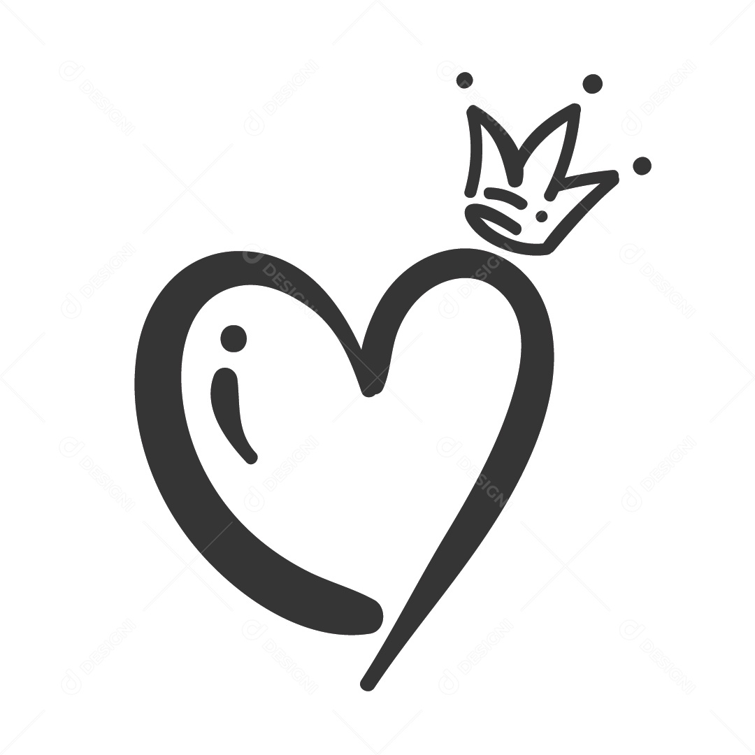 Coração Preto e Branco com Coroa Ilustração Vetor EPS