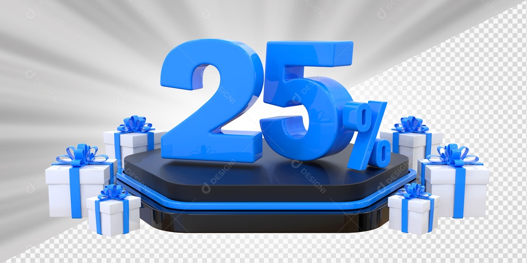 Elemento 3D Número 25% Porcento Azul Presente Para Composição PSD