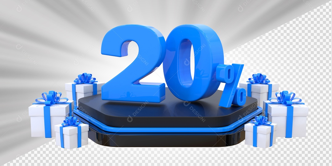 Elemento 3D Número 20% Porcento Azul Presente Para Composição PSD
