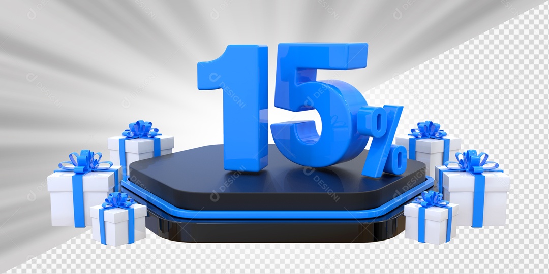 Elemento 3D Número 15% Porcento Azul Presente Para Composição PSD
