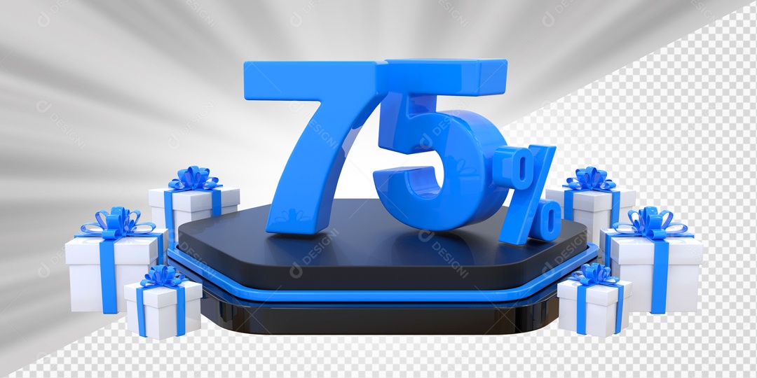 Elemento 3D Número 75% Porcento Azul Presente Para Composição PSD