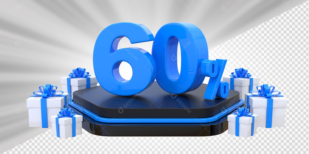 Elemento 3D Número 60% Porcento Azul Presente Para Composição PSD