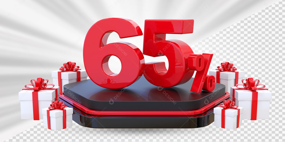 Elemento 3D Número 65% Porcento Vermelho Presente Para Composição PSD