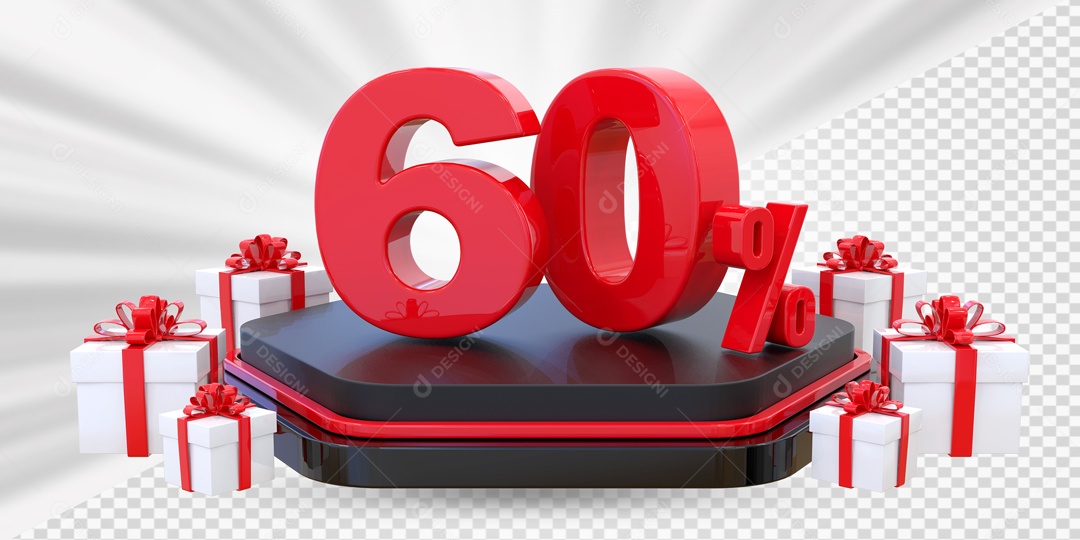 Elemento 3D Número 60% Porcento Vermelho Presente Para Composição PSD