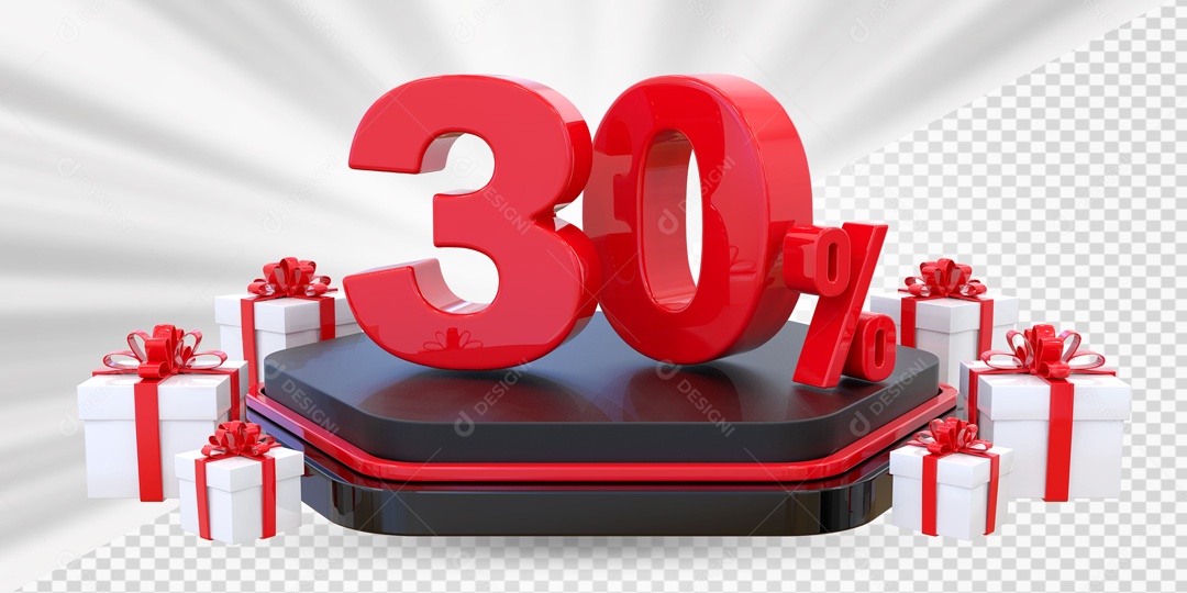 Elemento 3D Número 30% Porcento Vermelho Presente Para Composição PSD
