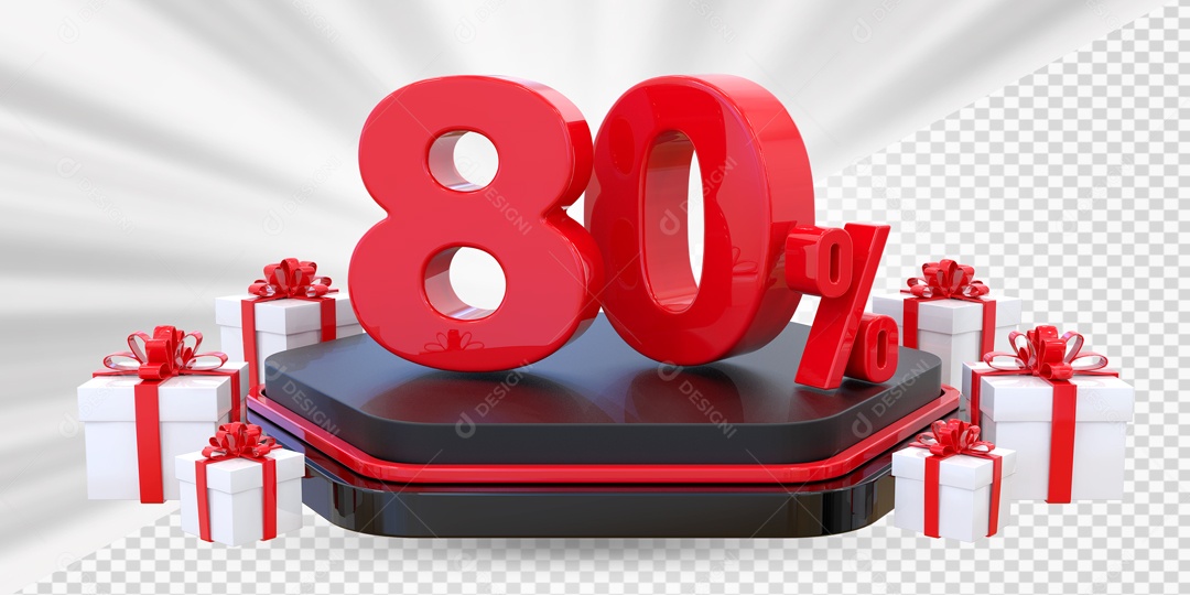 Elemento 3D Número 80% Porcento Vermelho Presente Para Composição PSD