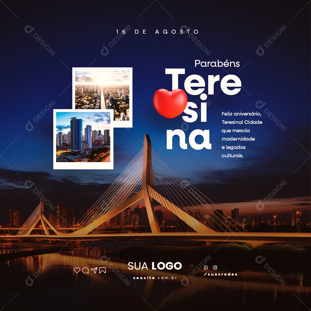 Parabéns Teresina Feliz Aniversário 16 de Agosto Social Media PSD Editável