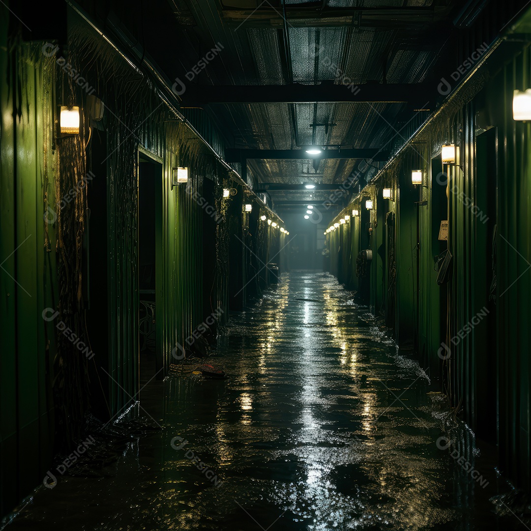 Foto de um corredor escuro de um dia chuvoso retroiluminado