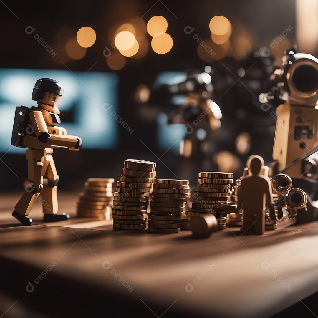 Bonecos de brinquedo com moedas empilhadas