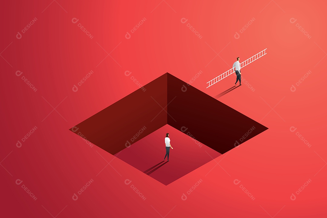 Empresária de Pé Em Um Grande Buraco e Um Homem de Negócios Segurando Uma Escada Andando Em Cima Vetor EPS