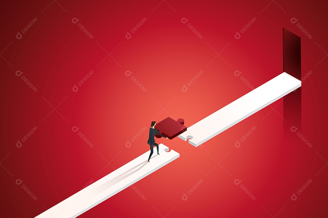 Empresária Completa a Última Peça do Quebra-cabeça no Caminho Que Leva Aos Objetivos Vetor EPS