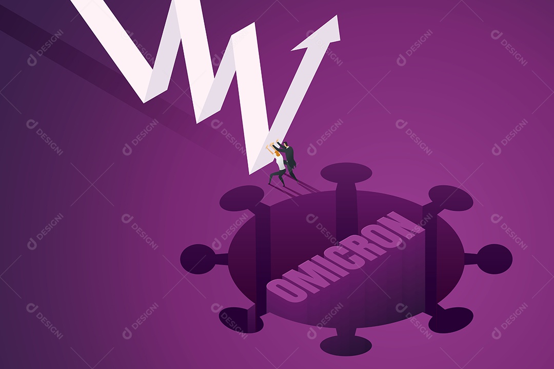 Empresário Resiste Aos Gráficos de Seta para Baixo da Crise Omicron Covid-19 Coronavirus Novo Vetor EPS