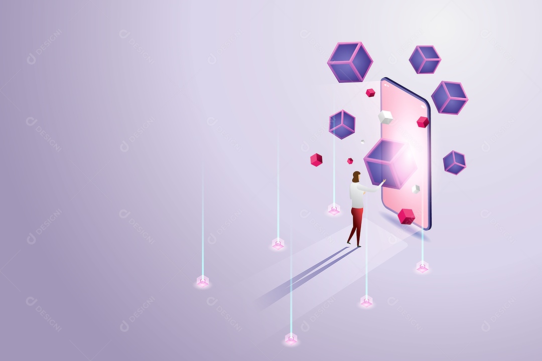 Mulher Se Levanta e Experimenta a Tecnologia Blockchain para Smartphone Vetor EPS