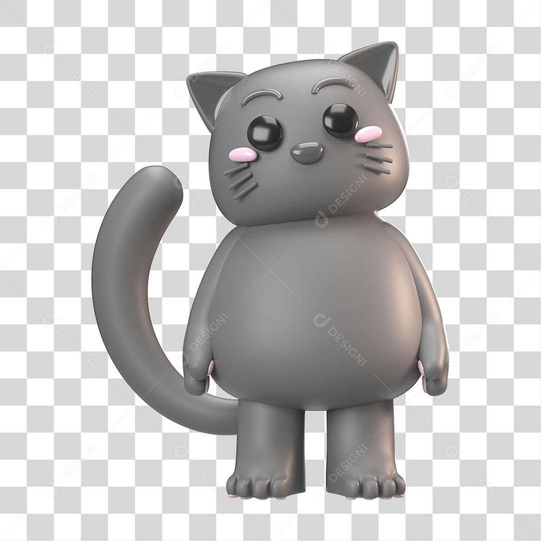 Elemento 3D Gato Cinza para Composição PNG Transparente