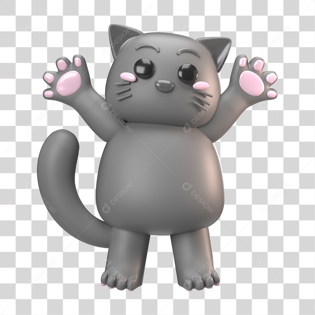 Elemento 3D Gato Cinza para Composição PNG Transparente