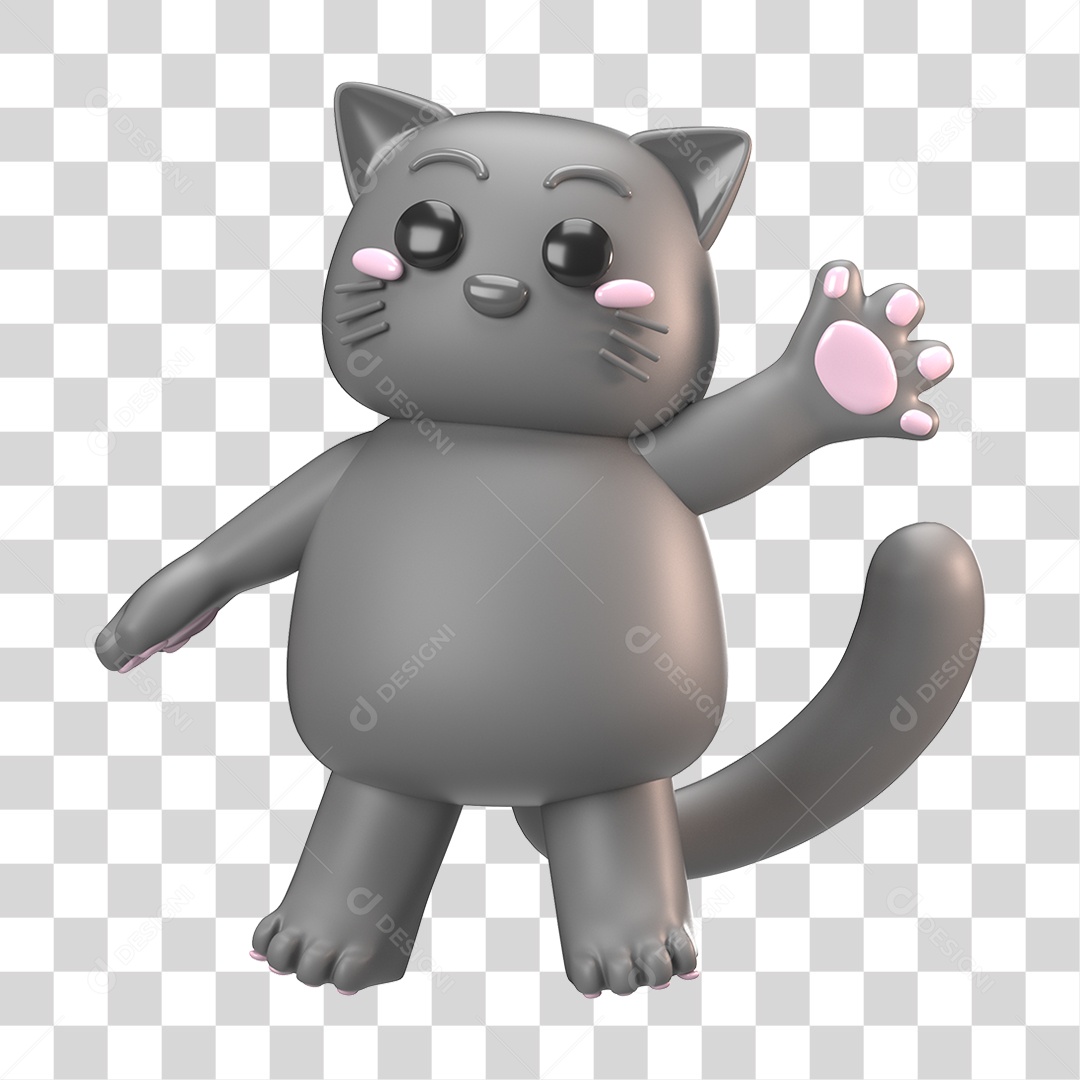 Elemento 3D Gato Cinza para Composição PNG Transparente