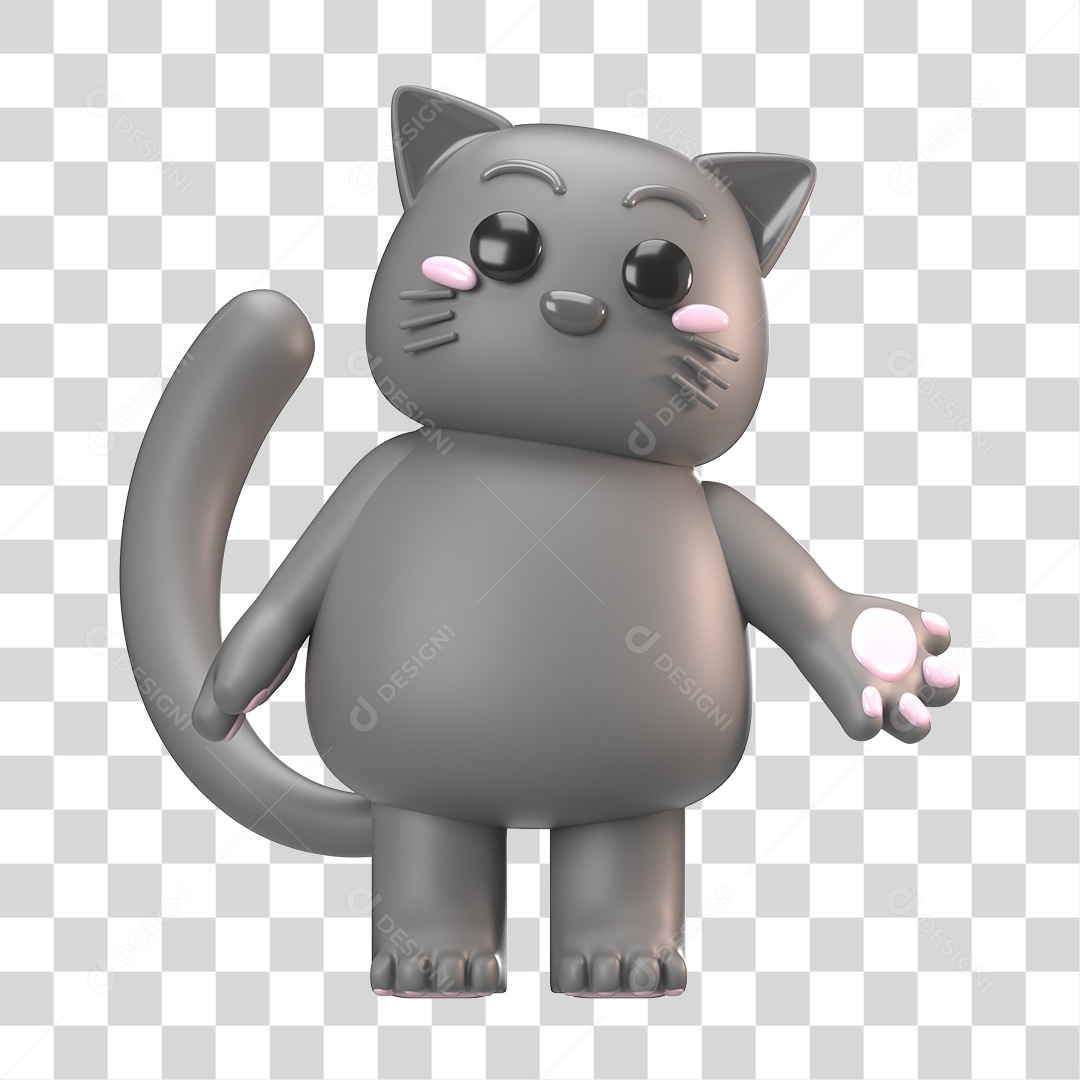 Elemento 3D Gato Cinza para Composição PNG Transparente