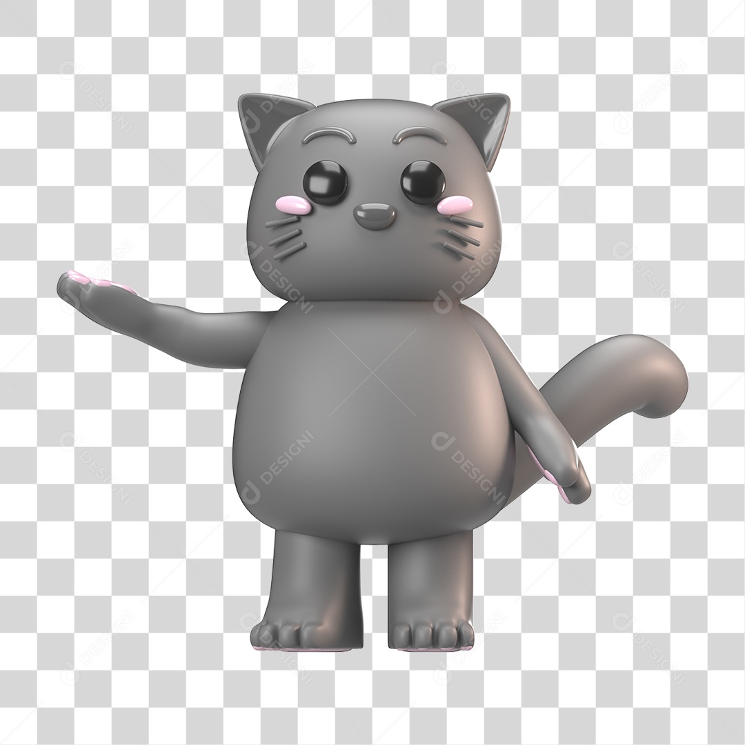 Elemento 3D Gato Cinza para Composição PNG Transparente