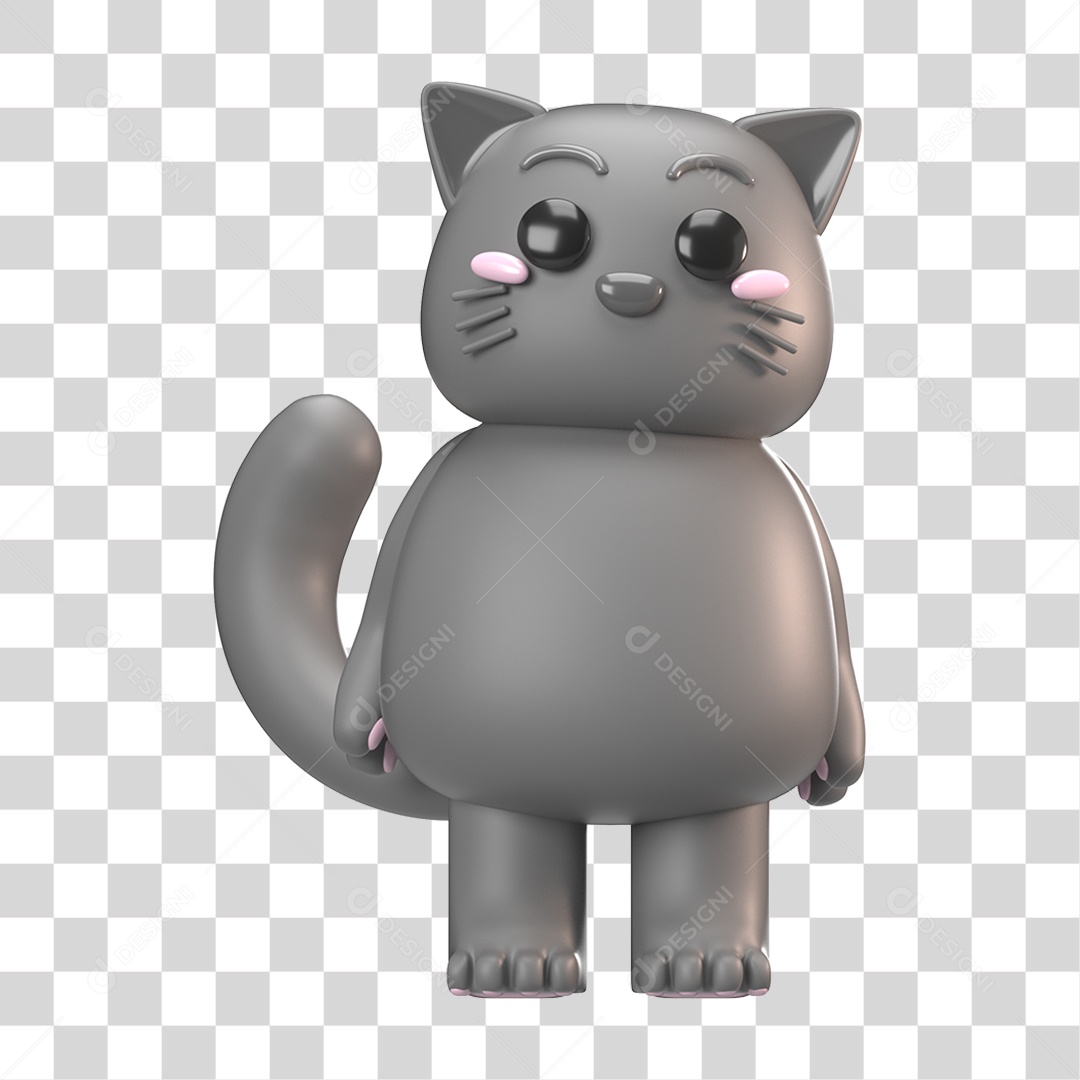Elemento 3D Gato Cinza para Composição PNG Transparente