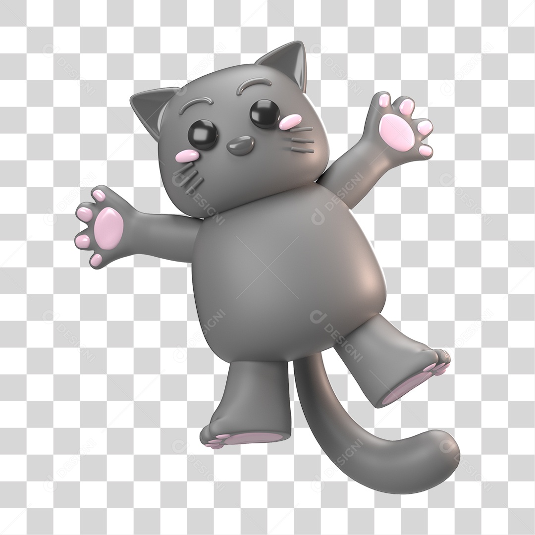 Elemento 3D Gato Cinza para Composição PNG Transparente