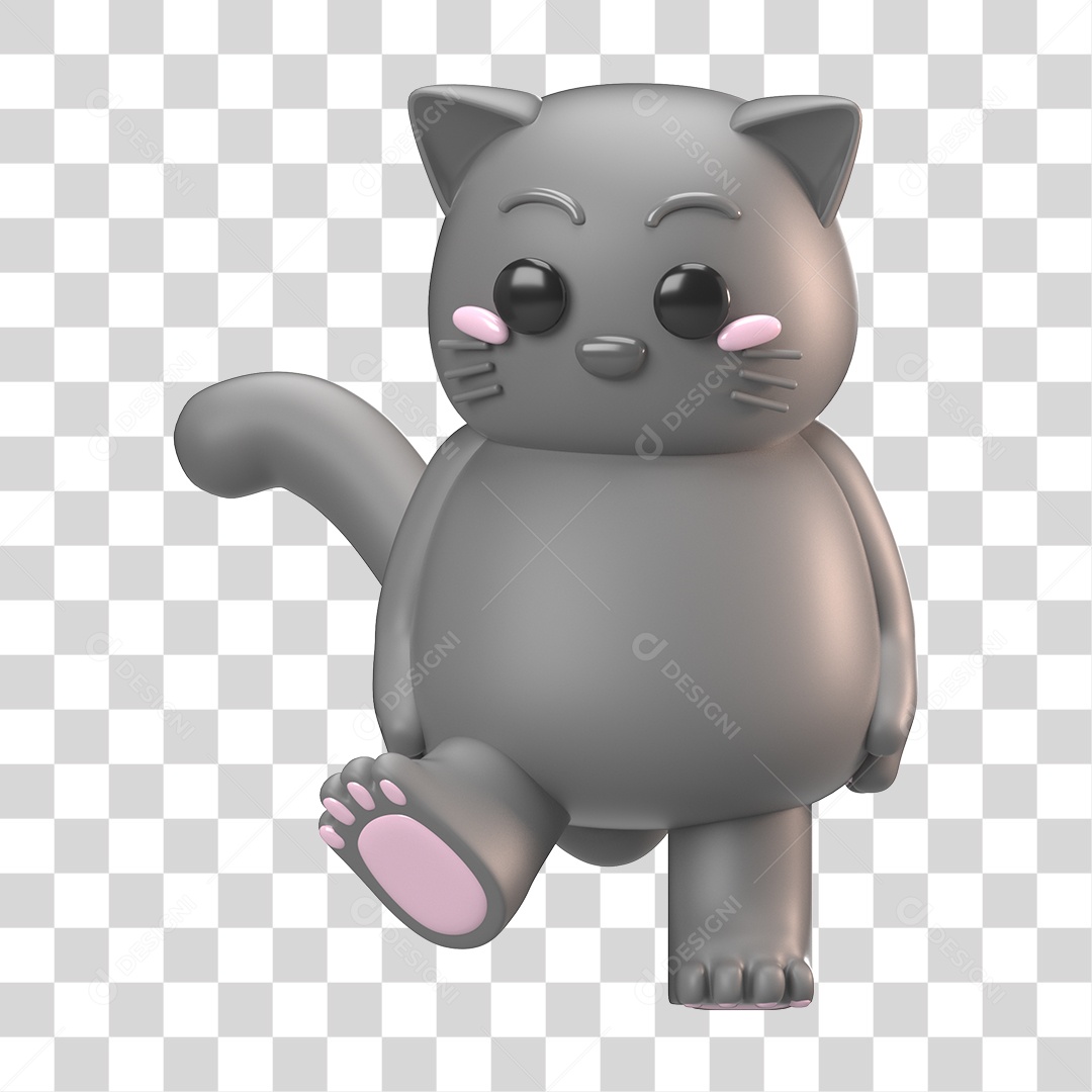 Elemento 3D Gato Cinza para Composição PNG Transparente