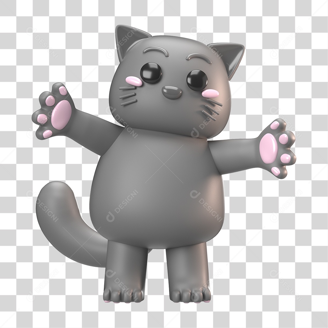 Elemento 3D Gato Cinza para Composição PNG Transparente