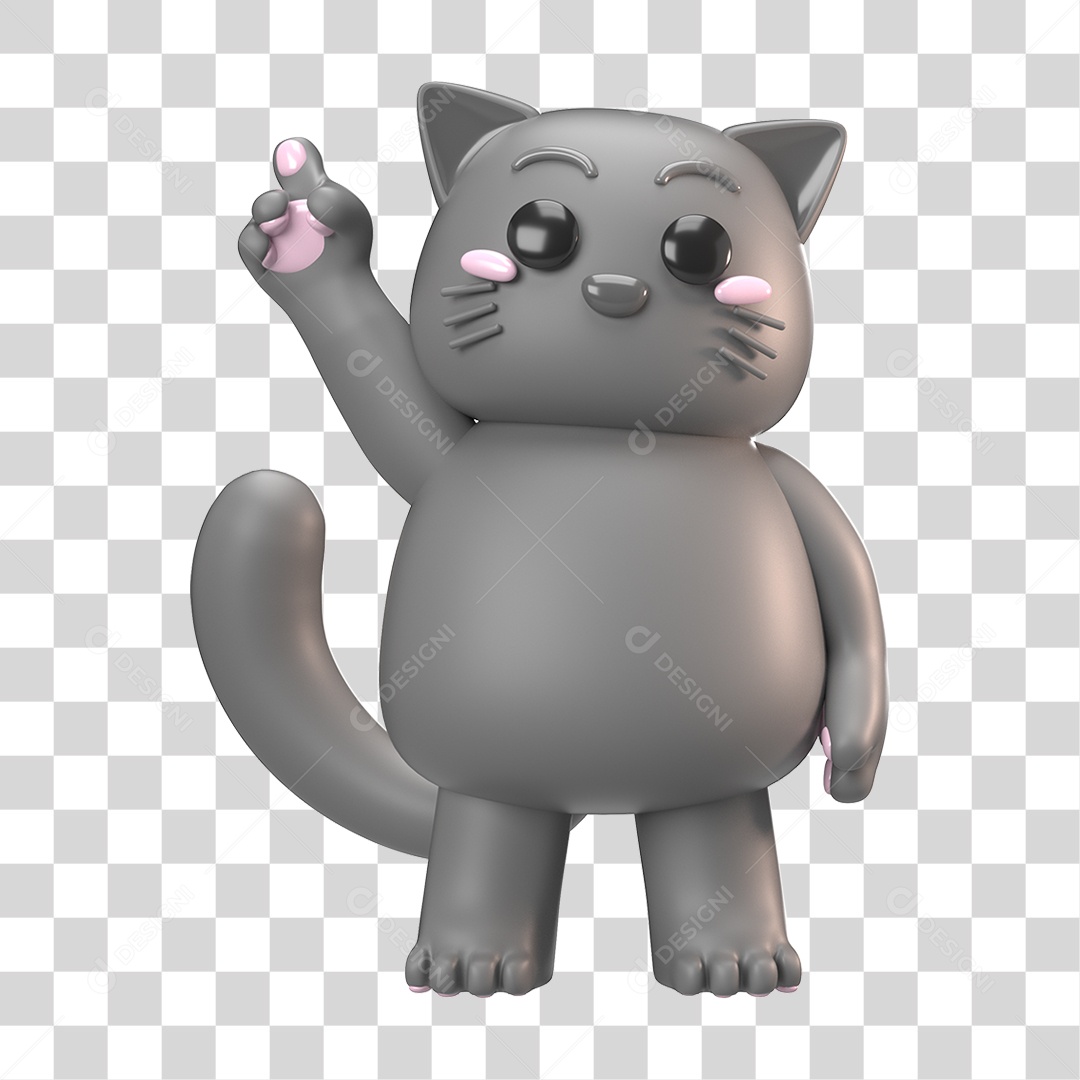 Elemento 3D Gato Cinza para Composição PNG Transparente