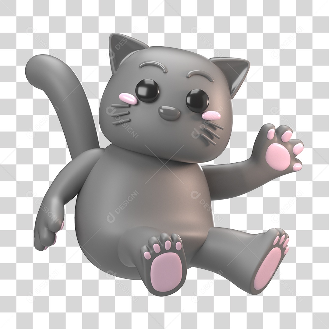 Elemento 3D Gato Cinza para Composição PNG Transparente