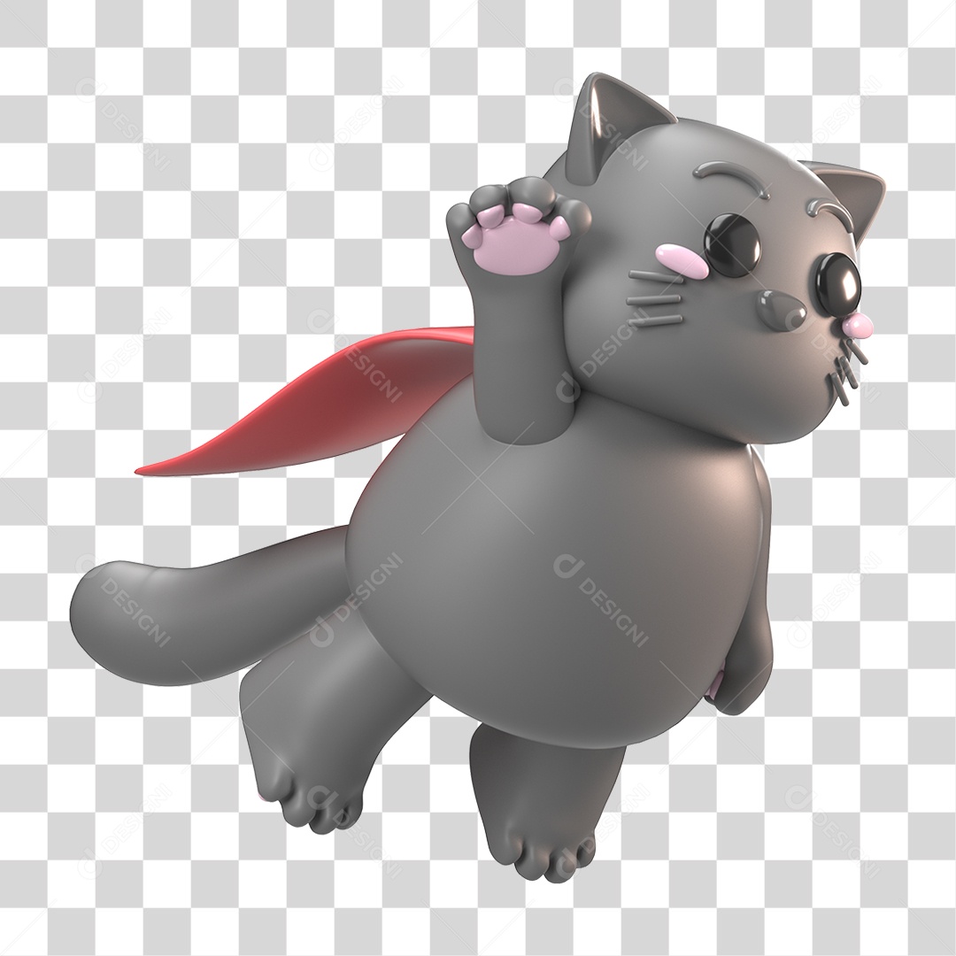 Elemento 3D Gato Cinza para Composição PNG Transparente