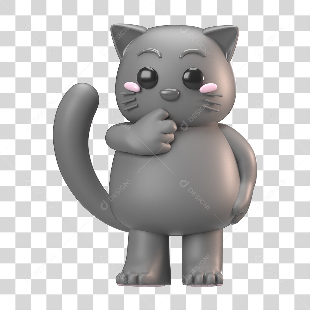 Elemento 3D Gato Cinza para Composição PNG Transparente