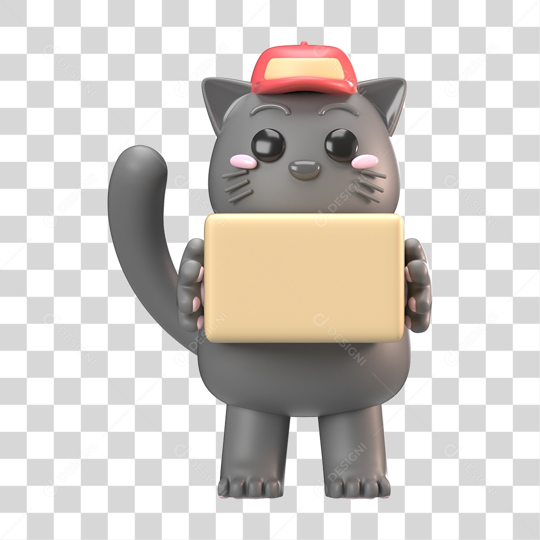 Elemento 3D Gato Cinza para Composição PNG Transparente