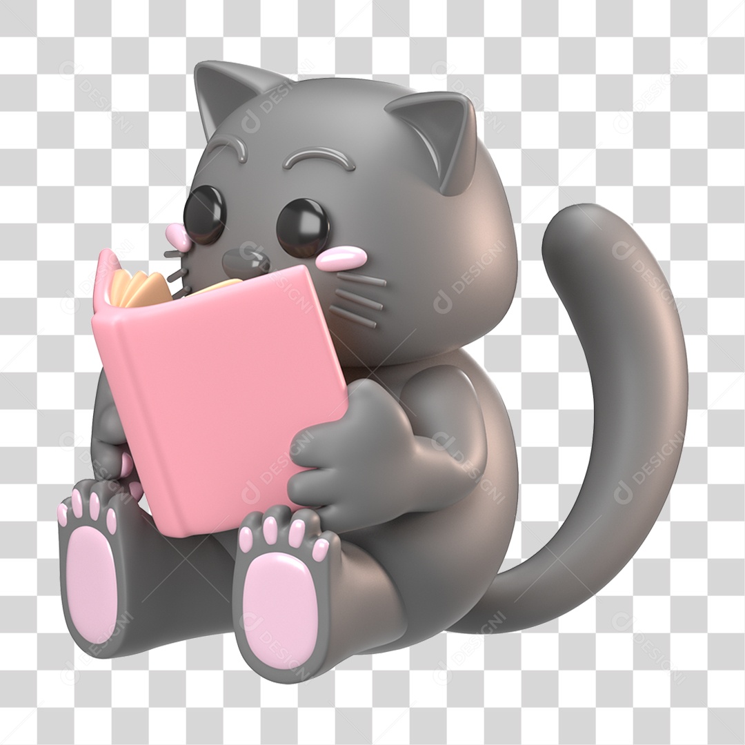 Elemento 3D Gato Cinza para Composição PNG Transparente