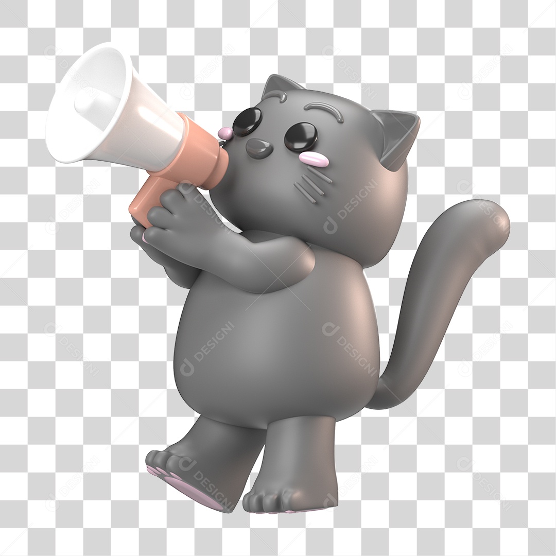 Elemento 3D Gato Cinza para Composição PNG Transparente