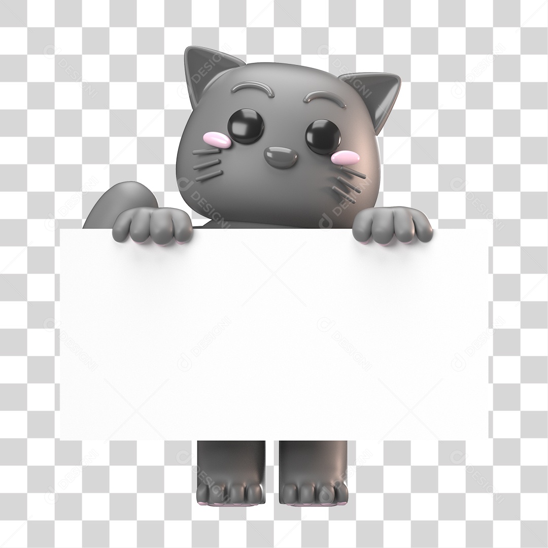 Elemento 3D Gato Cinza para Composição PNG Transparente