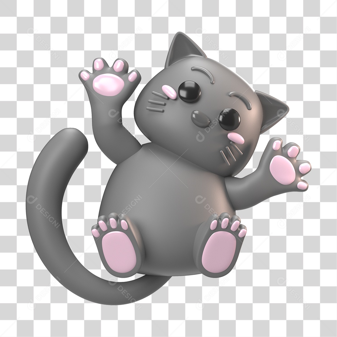 Elemento 3D Gato Cinza para Composição PNG Transparente